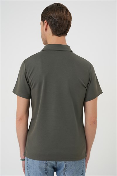 Comfort Fit Esnek Pamuk Düğmeli Haki Polo Yaka Tişört Ts 886