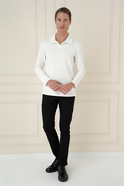 Comfort Fit Esnek Pamuklu Gofre Kumaş Ekru Apaş Yaka Tişört Ts 890
