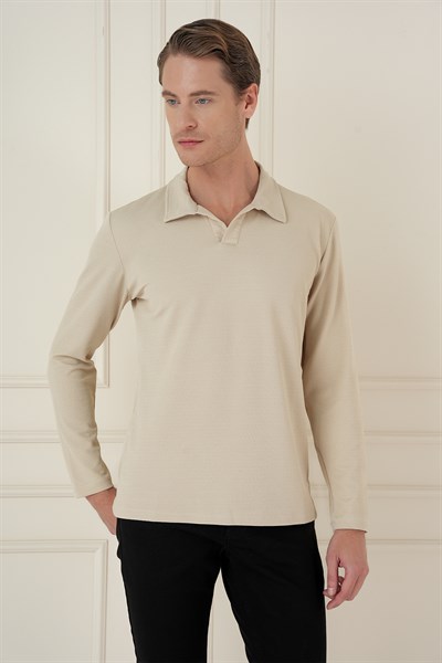 Comfort Fit Esnek Pamuklu Gofre Kumaş Bej Apaş Yaka Tişört Ts 890