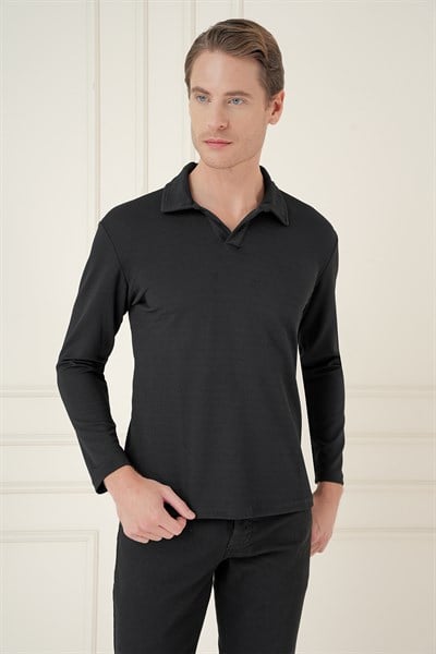 Comfort Fit Esnek Pamuklu Gofre Kumaş Siyah Apaş Yaka Tişört Ts 890