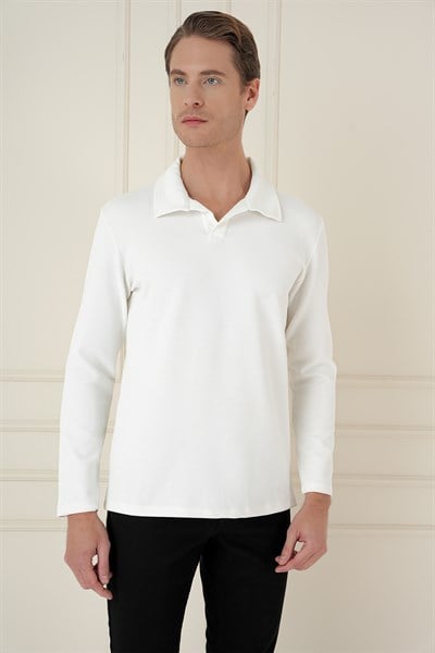 Comfort Fit Esnek Pamuklu Gofre Kumaş Ekru Apaş Yaka Tişört Ts 890