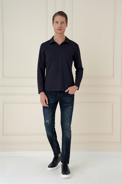 Comfort Fit Esnek Pamuklu Gofre Kumaş Lacivert Apaş Yaka Tişört Ts 890