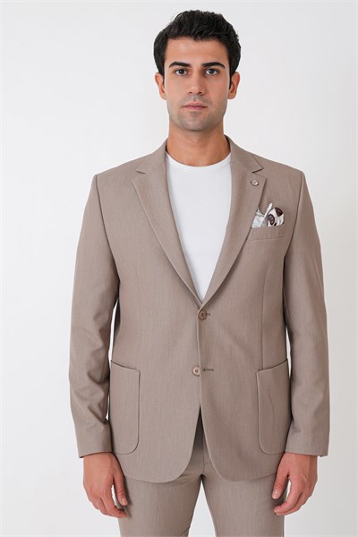 Comfort Fit Esnek Pamuklu Torba Cep Bej Blazer Ceket C 743