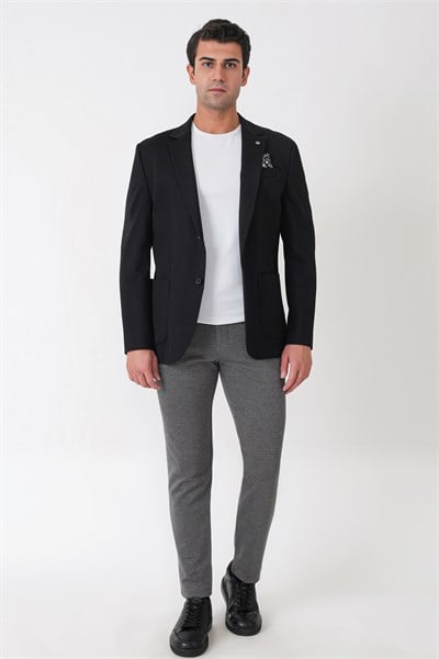 Comfort Fit Esnek Rayon Pamuk Karışım Torba Cepli Siyah Blazer Ceket C 744
