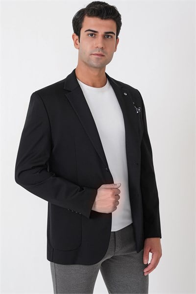Comfort Fit Esnek Rayon Pamuk Karışım Torba Cepli Siyah Blazer Ceket C 744
