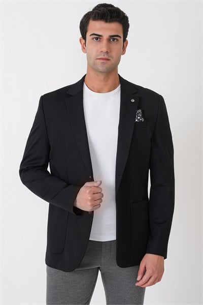 Comfort Fit Esnek Rayon Pamuk Karışım Torba Cepli Siyah Blazer Ceket C 744