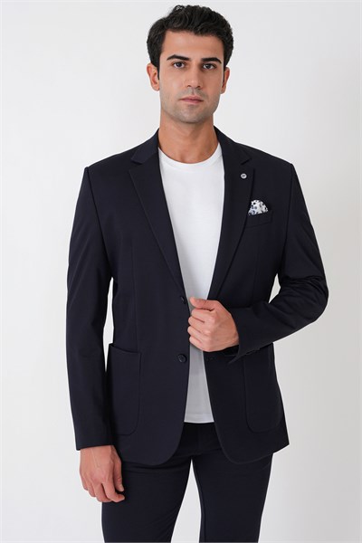 Comfort Fit Esnek Rayon Pamuk Karışım Torba Cepli Lacivert Blazer Ceket C 744