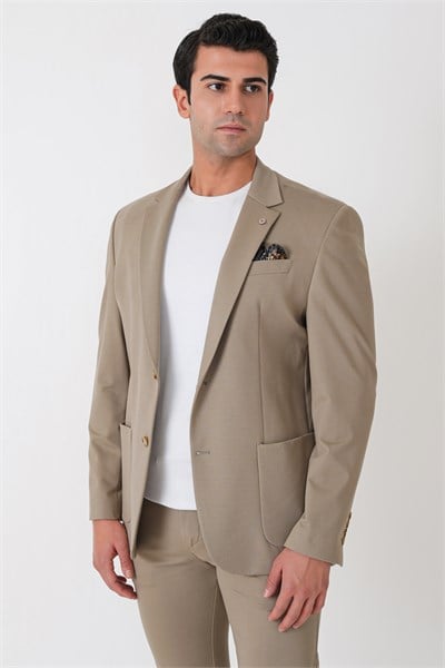 Comfort Fit Esnek Rayon Pamuk Karışım Torba Cepli Bej Blazer Ceket C 744