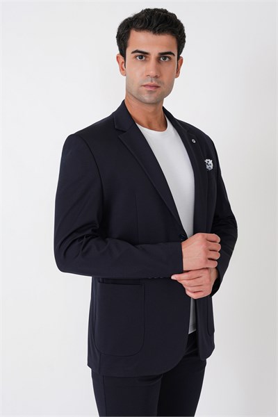 Comfort Fit Esnek Rayon Pamuk Karışım Torba Cepli Lacivert Blazer Ceket C 744