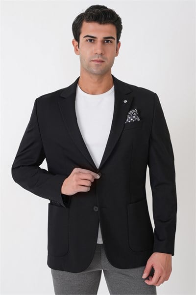 Comfort Fit Esnek Rayon Pamuk Karışım Torba Cepli Siyah Blazer Ceket C 744