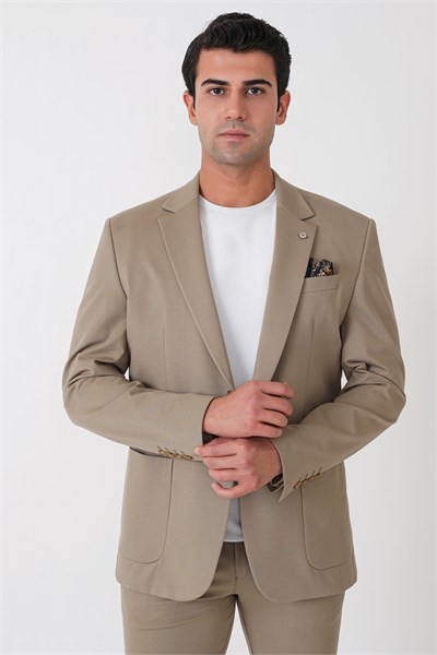 Comfort Fit Esnek Rayon Pamuk Karışım Torba Cepli Bej Blazer Ceket C 744