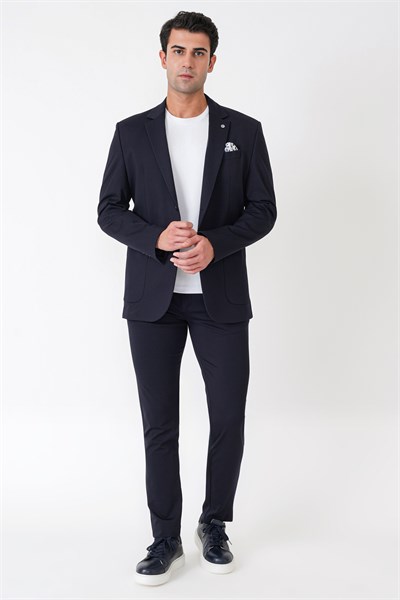 Comfort Fit Esnek Rayon Pamuk Karışım Torba Cepli Lacivert Blazer Ceket C 744