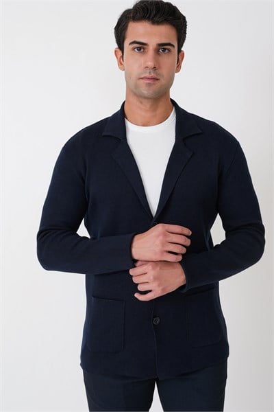 Comfort Fit Esnek Yünlü Düğmeli Lacivert Triko Ceket 05