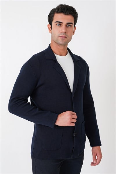 Comfort Fit Esnek Yünlü Düğmeli Lacivert Triko Ceket 05