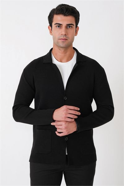 Comfort Fit Esnek Yünlü Düğmeli Siyah Triko Ceket 05