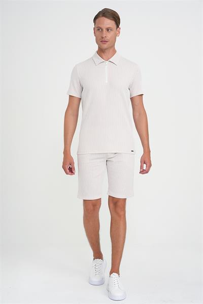 Comfort Fit Fermuarlı Polo Yaka Dikine Çizgili Kısa Kol Bej Tişört Ts 906