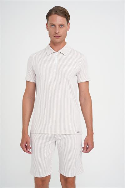 Comfort Fit Fermuarlı Polo Yaka Dikine Çizgili Kısa Kol Bej Tişört Ts 906