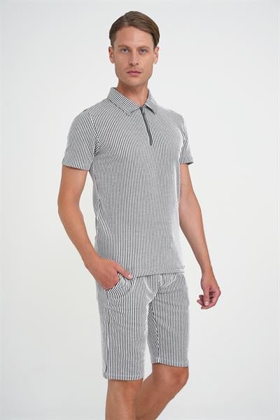 Comfort Fit Fermuarlı Polo Yaka Dikine Çizgili Kısa Kol Siyah Tişört Ts 906