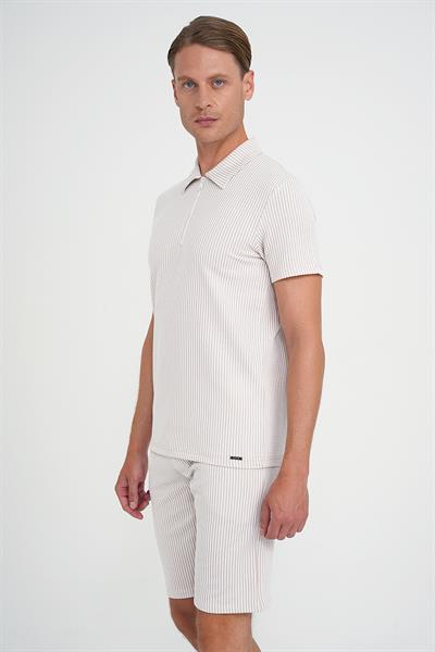Comfort Fit Fermuarlı Polo Yaka Dikine Çizgili Kısa Kol Bej Tişört Ts 906