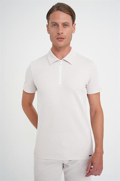 Comfort Fit Fermuarlı Polo Yaka Dikine Çizgili Kısa Kol Bej Tişört Ts 906