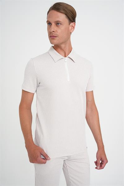 Comfort Fit Fermuarlı Polo Yaka Dikine Çizgili Kısa Kol Bej Tişört Ts 906