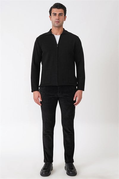 Comfort Fit Fermuarlı Torba Cepli Yünlü Siyah Hırka TR 896