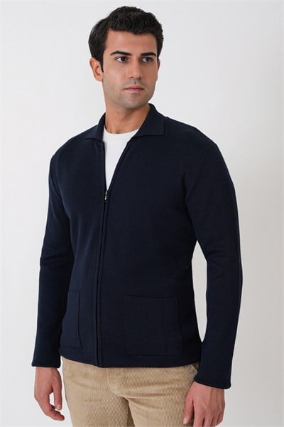 Comfort Fit Fermuarlı Torba Cepli Yünlü Lacivert Hırka TR 896