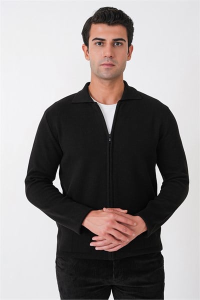 Comfort Fit Fermuarlı Torba Cepli Yünlü Siyah Hırka TR 896