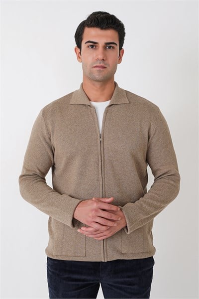 Comfort Fit Fermuarlı Torba Cepli Yünlü Bej Hırka TR 896