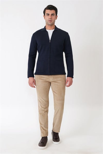 Comfort Fit Fermuarlı Torba Cepli Yünlü Lacivert Hırka TR 896