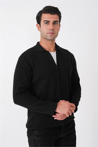Comfort Fit Fermuarlı Torba Cepli Yünlü Siyah Hırka TR 896