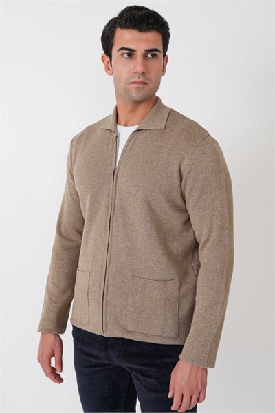 Comfort Fit Fermuarlı Torba Cepli Yünlü Bej Hırka TR 896