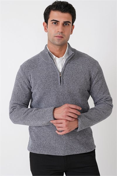 Comfort Fit Fermuarlı Yarım Balıkçı Yaka Ribanalı Gri Triko TR 897