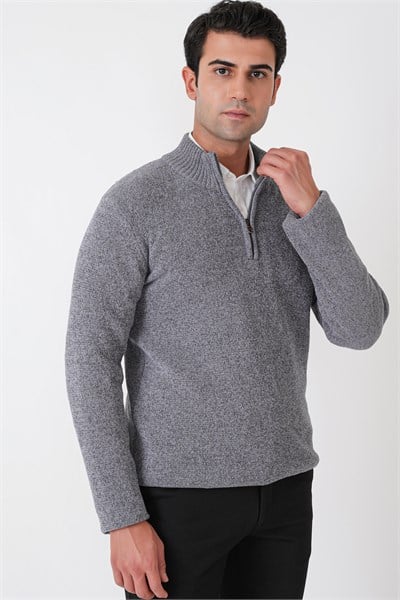 Comfort Fit Fermuarlı Yarım Balıkçı Yaka Ribanalı Gri Triko TR 897