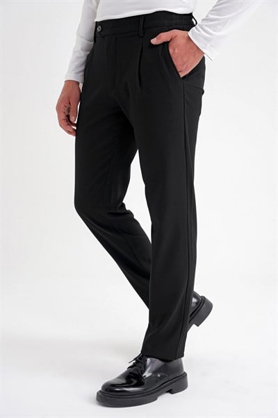 Comfort Fit Gofre Dokulu Beli Lastikli Pileli Siyah-1 Jogger Pantolon P 1174