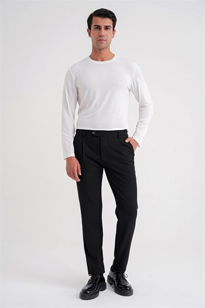 Comfort Fit Gofre Dokulu Beli Lastikli Pileli Siyah-1 Jogger Pantolon P 1174