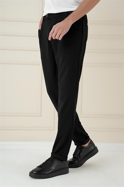 Comfort Fit Gofre Dokulu Beli Lastikli Pileli Siyah Jogger Pantolon P 1174