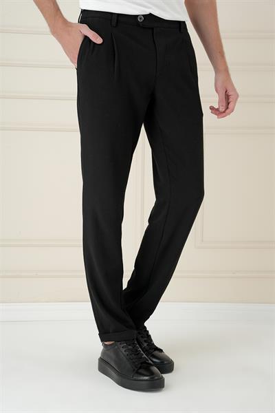 Comfort Fit Gofre Dokulu Beli Lastikli Pileli Siyah Jogger Pantolon P 1174