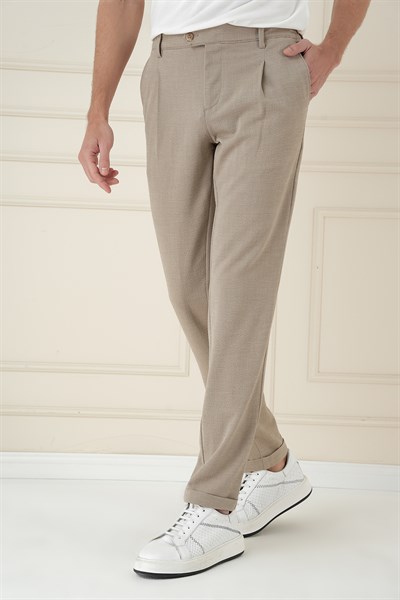 Comfort Fit Gofre Dokulu Beli Lastikli Pileli Bej Jogger Pantolon P 1174