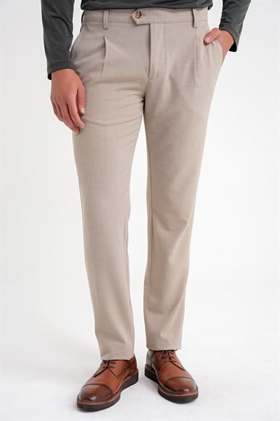 Comfort Fit Gofre Dokulu Beli Lastikli Pileli Bej-1 Jogger Pantolon P 1174
