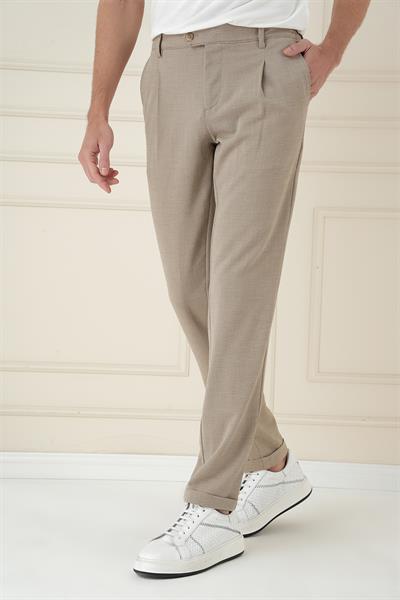 Comfort Fit Gofre Dokulu Beli Lastikli Pileli Bej Jogger Pantolon P 1174