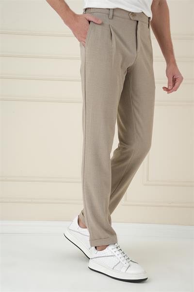 Comfort Fit Gofre Dokulu Beli Lastikli Pileli Bej Jogger Pantolon P 1174