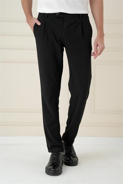 Comfort Fit Gofre Dokulu Beli Lastikli Pileli Siyah Jogger Pantolon P 1174
