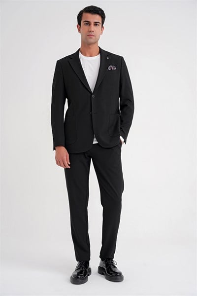 Comfort Fit Gofre Dokulu Beli Lastikli Pileli Siyah-1 Jogger Pantolon P 1174