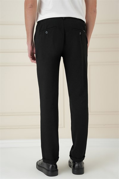 Comfort Fit Gofre Dokulu Beli Lastikli Pileli Siyah Jogger Pantolon P 1174
