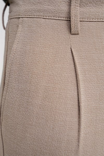 Comfort Fit Gofre Dokulu Beli Lastikli Pileli Bej-1 Jogger Pantolon P 1174