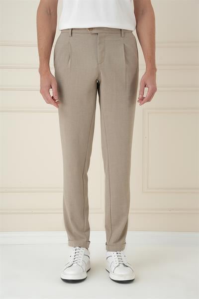 Comfort Fit Gofre Dokulu Beli Lastikli Pileli Bej Jogger Pantolon P 1174