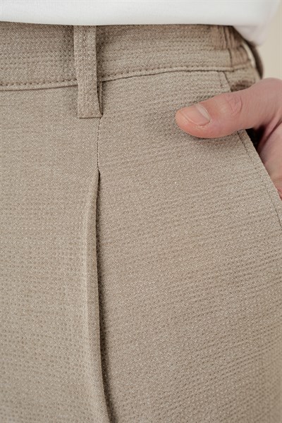 Comfort Fit Gofre Dokulu Beli Lastikli Pileli Bej Jogger Pantolon P 1174