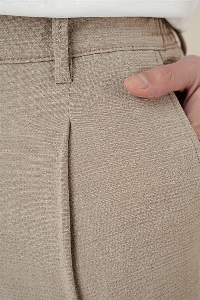 Comfort Fit Gofre Dokulu Beli Lastikli Pileli Bej Jogger Pantolon P 1174
