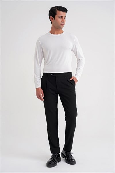 Comfort Fit Gofre Dokulu Beli Lastikli Pileli Siyah-1 Jogger Pantolon P 1174